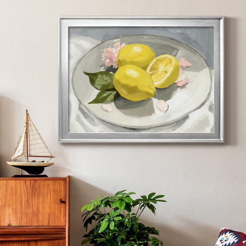 Citrons sur une plaque I - peinture sur toile encadrée, Cadre argenté, H 18,5 po x l 24,5 po x P 1 po