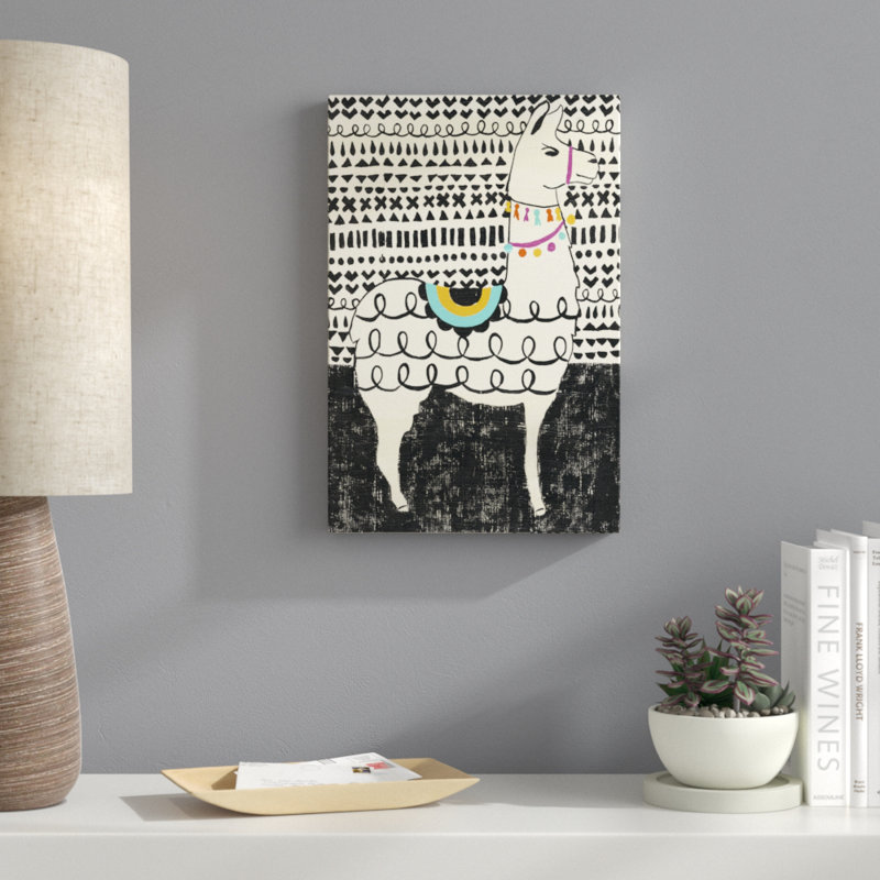 «Party Llama I», peinture sur toile, H 18 po x l 12 po