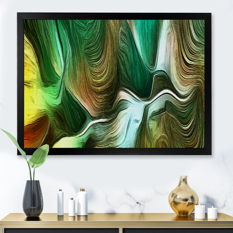 Vagues liquides dans les tons de vert IV - décoration murale moderne en toile, Cadre photo noir, H 8 po x l 12 po x P 1 po