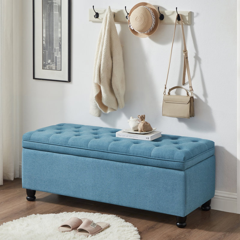 Banc de rangement rembourré capitonné, Bleu clair