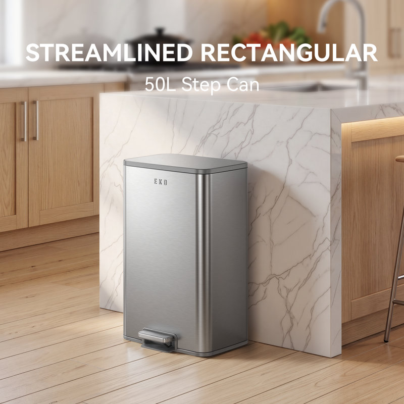 EKO Marina 50L / 13.2 Gal  Retangular Kitchen Step Trash Can, Stainless Steel Step-On Garbage Bin with Soft-Close Lid and Removable Inner Bucket