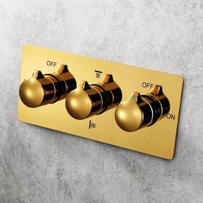 Système de douche thermostatique à DEL dorée avec télécommande et installation au plafond