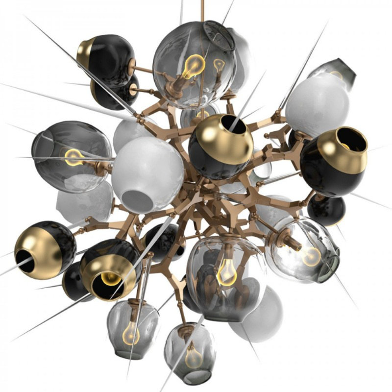 Lustre linéaire moderne Byrdsong Ikebana, 56" Length x 39" Depth x 24" Height, Blanc / gris, Or
