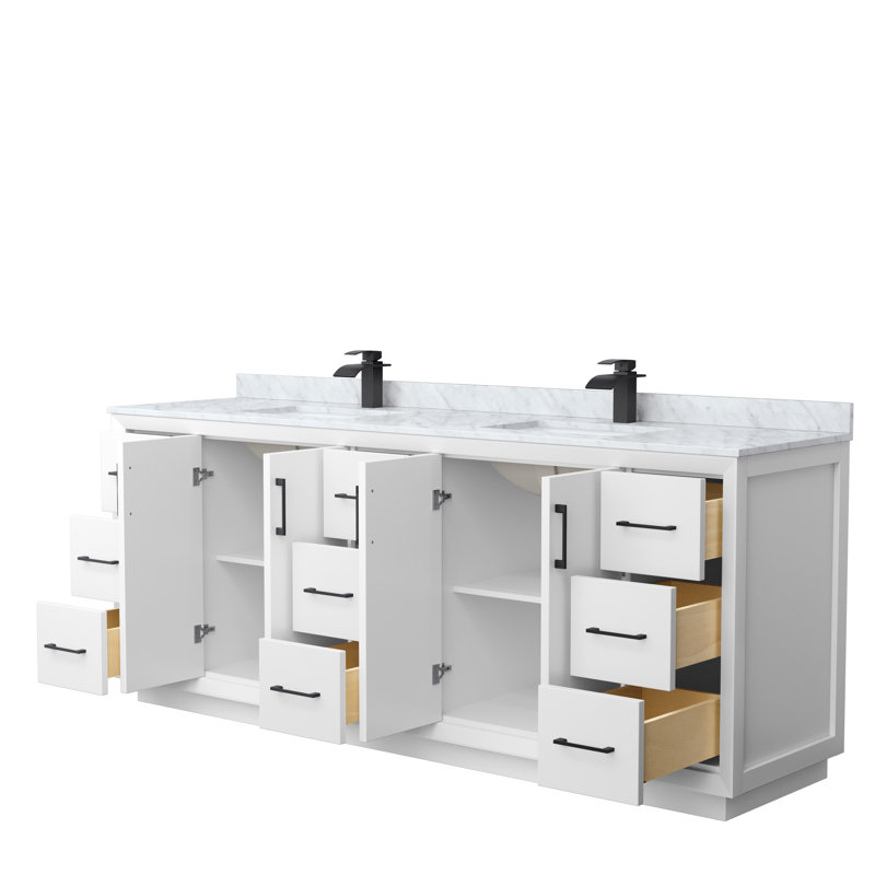84'' Double Bathroom Vanity with Genuine Marble Top, Black, White