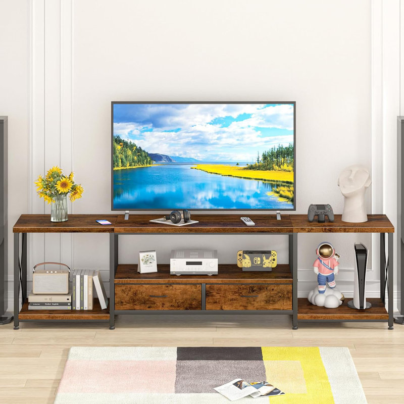 And Industrial TV Console Table With Open Storage, Espresso Wood