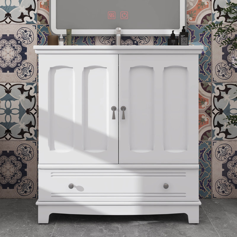 30-Inch Bathroom Vanity With Sink, Bathroom Sink Unit With Integrated Countertop & Silver Details, Adjustable Shelf, Divided Drawer