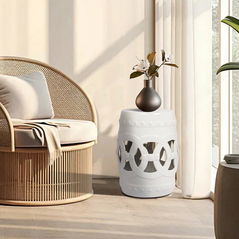 Tabouret tambour en céramique émaillée 10,5 po x 17 po - Table d'appoint intérieure / extérieure - Tabouret de jardin décoratif