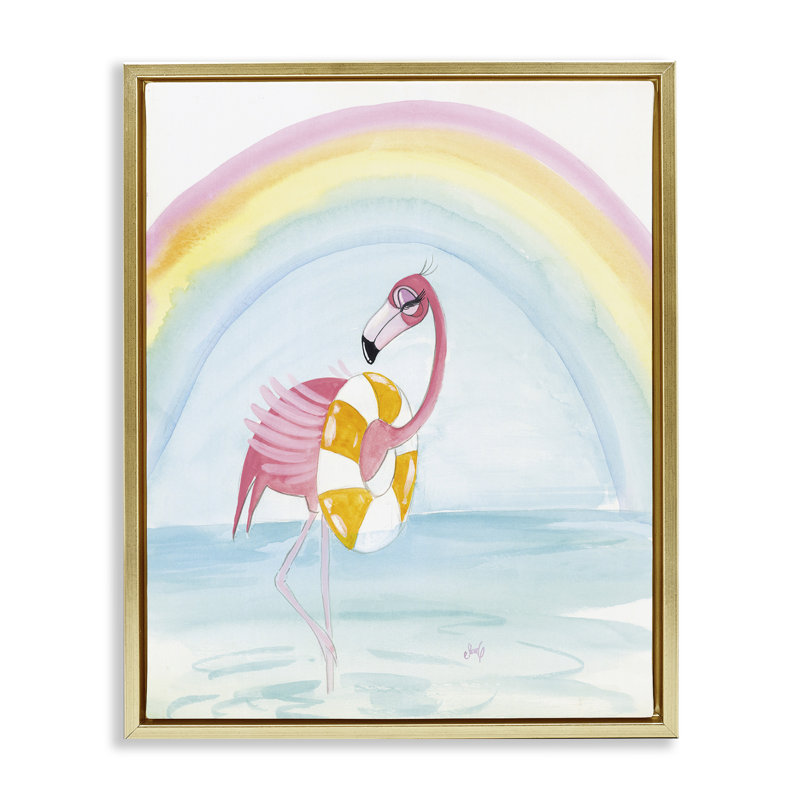 Summer Beach Flamingo Grey Framed Floater Canvas Wall Art by Stellar Design Studio, Metallic Gold Floater Frame