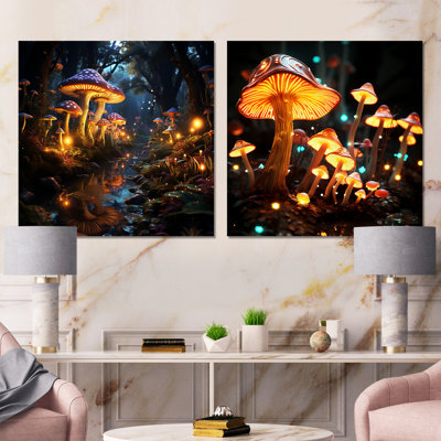Muschroom Dreamscape Forest I - Fantasy Metal Wall Art Living Room Square Set Of 2