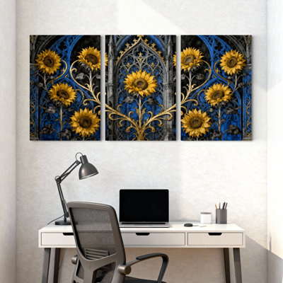 Plantes et fleurs tournesol arche gothique sur fond bleu, ensemble de 3 reproductions d'art sur toile