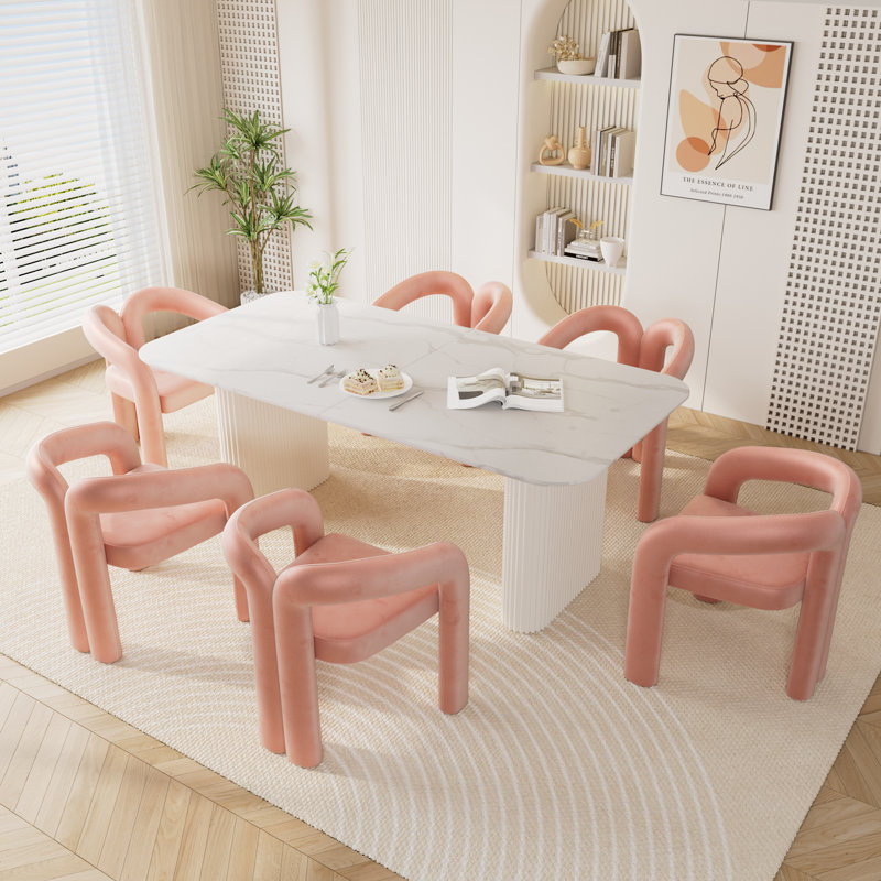 White Marble Top Double Pedestal Dining Table Set, 7, Pink