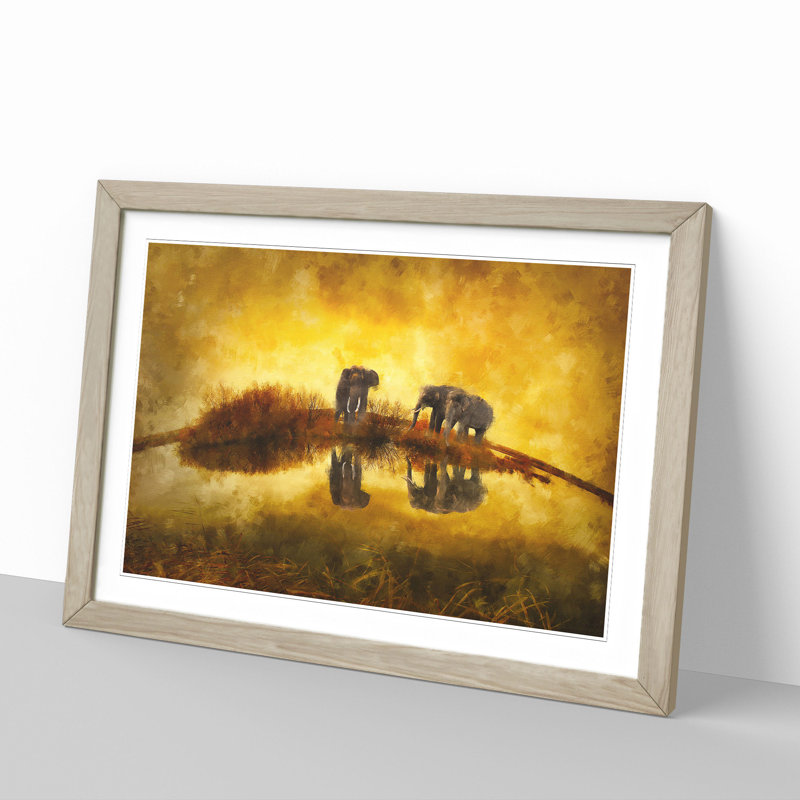 Elephants at Sunset - Picture Frame Graphic Art, Oak Framed, 48cm H x 65cm W x 2cm D