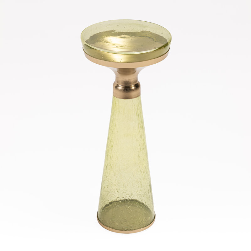 Modern Decorative Round Drink Table with Glass Base and Top with Gold Metal accent, Green