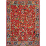 Hand Knotted Wool Area Rug in Red And Light Blue