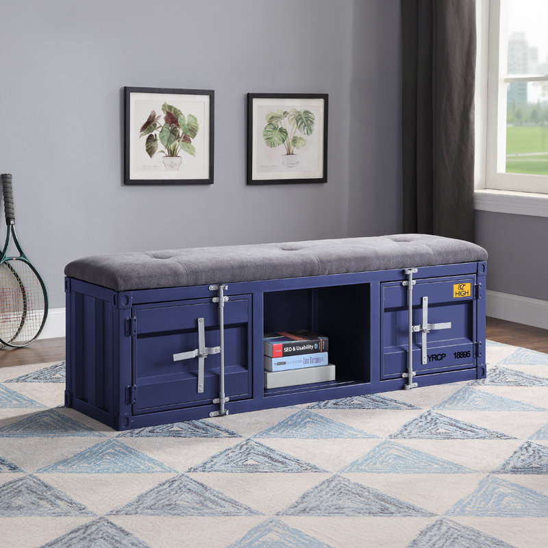Blue Metal Storage Bench with Gray Fabric Seat