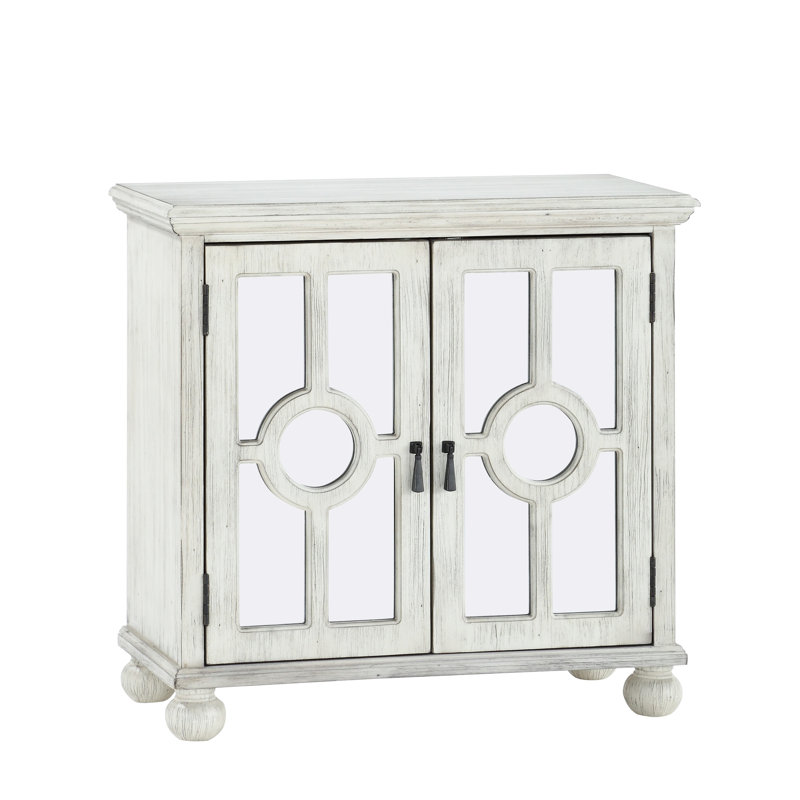 Commode d'appoint classique en blanc antique avec porte décorative en miroir, 2 portes d'armoire et rangement pour le salon