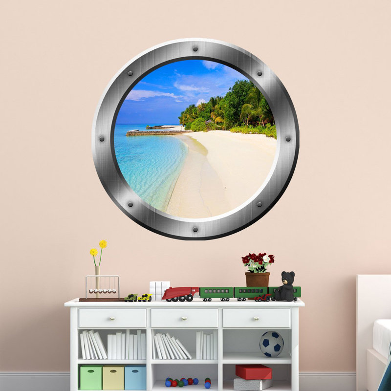 Adhésif décoratif plage tropicale hublot 3D, H 14 po x l 14 po x P 0,01 po, Beige / bleu / vert