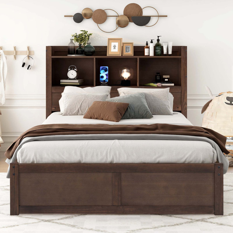 Lit plateforme double avec tablettes coulissantes, Espresso