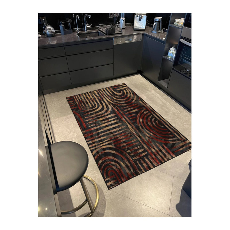 Black Themed Yellow Striped Motif Decorative Washable Carpet, Rectangle 3'4" x 5'