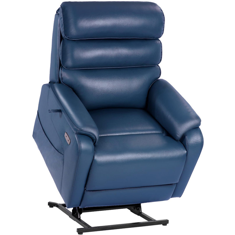  Wide Lay Flat Power Lift Recliner Chair for Elderly, Heavy Duty Oversized Faux Leather Lift Chairs with Heat and Massage and Charging Ports, Big and Tall Electric Recliner for Adults, Navy Blue