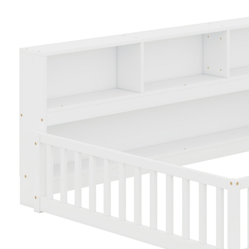 Floor Bed With Side Bookcase,Shelves,Guardrails