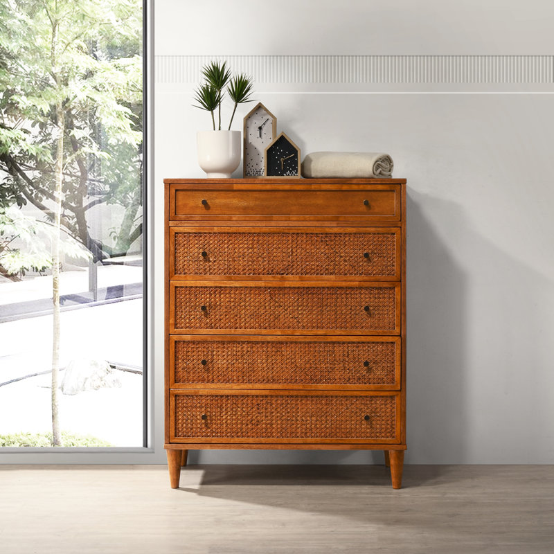 Ingraham Solid Wood Rattan 5-Drawer Chest