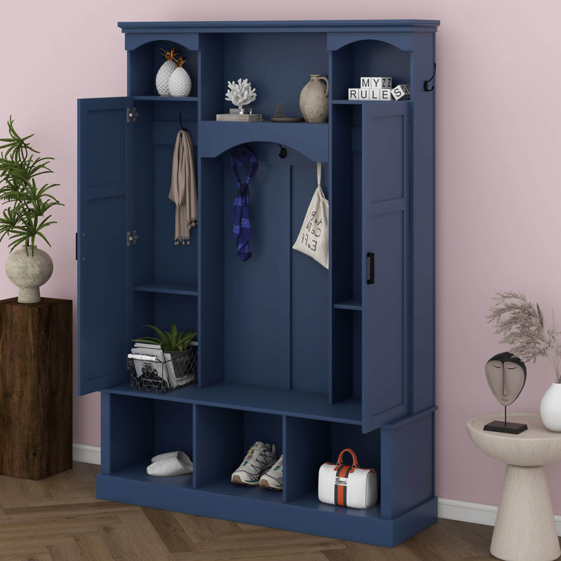 Hall Tree With Adjustable Shelves & 7 Hooks, All-In-One Entryway Organizer, Shoe Cabinet & Storage Bench, Blue