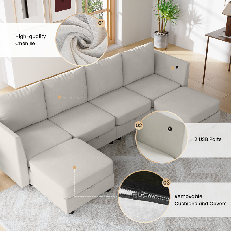 Upholstered Chenille U-Shaped  Modular Sectional Sofa, 35.83" H x 104.7" W x 52" D, Beige Chenille