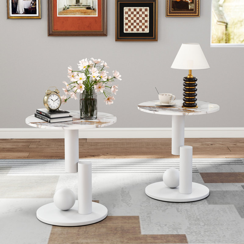 White Marble End Tables Set of 2, Nightstands for Living Room, Bedroom, Office, White