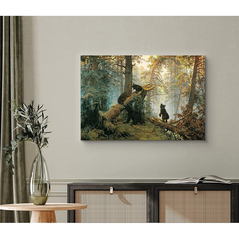 Morning in Pine Forest Canvas Art with Black Bears
