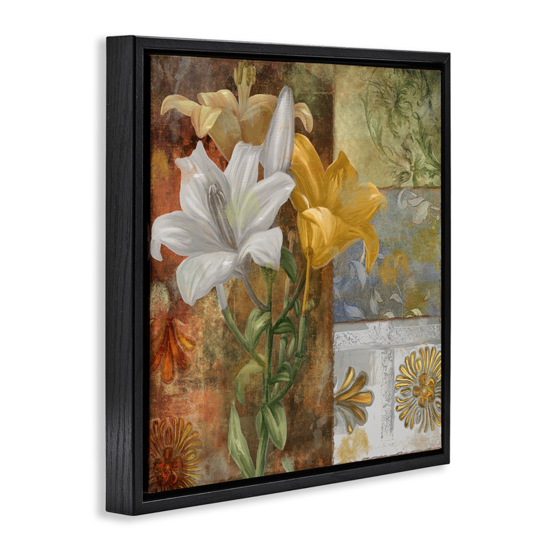 Cadre flottant à motif de lys en fleurs sur des carreaux, design par Sasha, H 18 po x l 18 po, Cadre flottant noir de jais