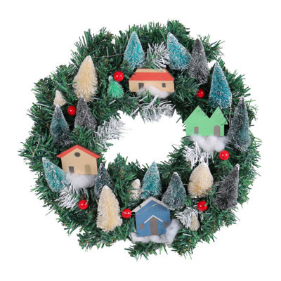13.7In Christmas Wreath Christmas Tree Wreath Christmas Village House Wreath, Artificial Christmas Wreath Xmas Wreath Winter Wreath For Front Door Wall Window Indoor Outdoor Christmas Decorations