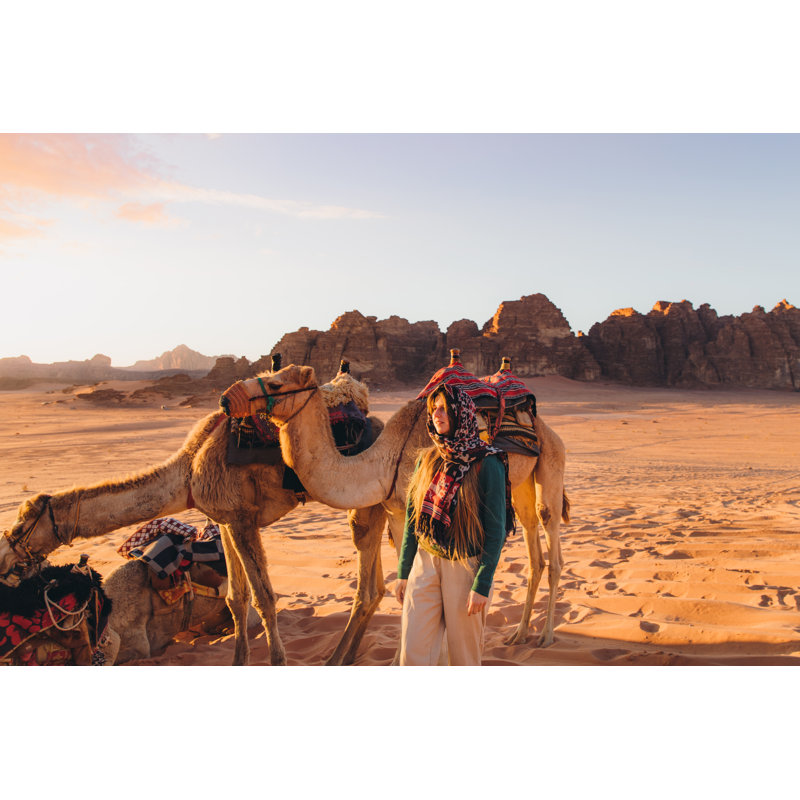 Woman Traveler Getting Ready For Camel Ride by Anastasiia Shavshyna - No Frame Print on Canvas, 61cm H x 91cm W