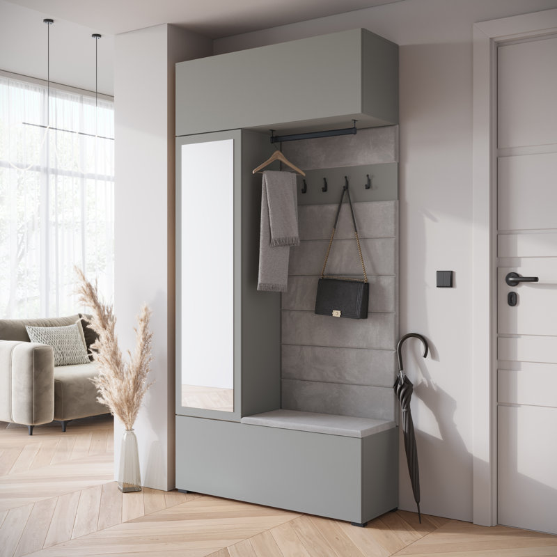 Hall Tree 115cm Wide with Shoe Storage, Grey  Pallad / Upholstered Panel MONO 244