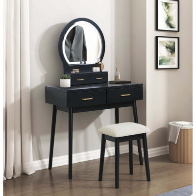 Beautiful  Finish Vanity Dresser With Mirror And Stool Set Storage Drawers Luxury Furniture 1Pc LED Mirror