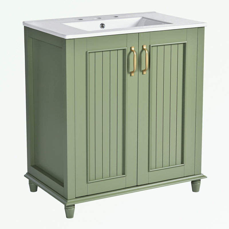 Meuble-lavabo à cadre en bois avec lavabo en résine, tiroir caché et armoire de rangement, Green