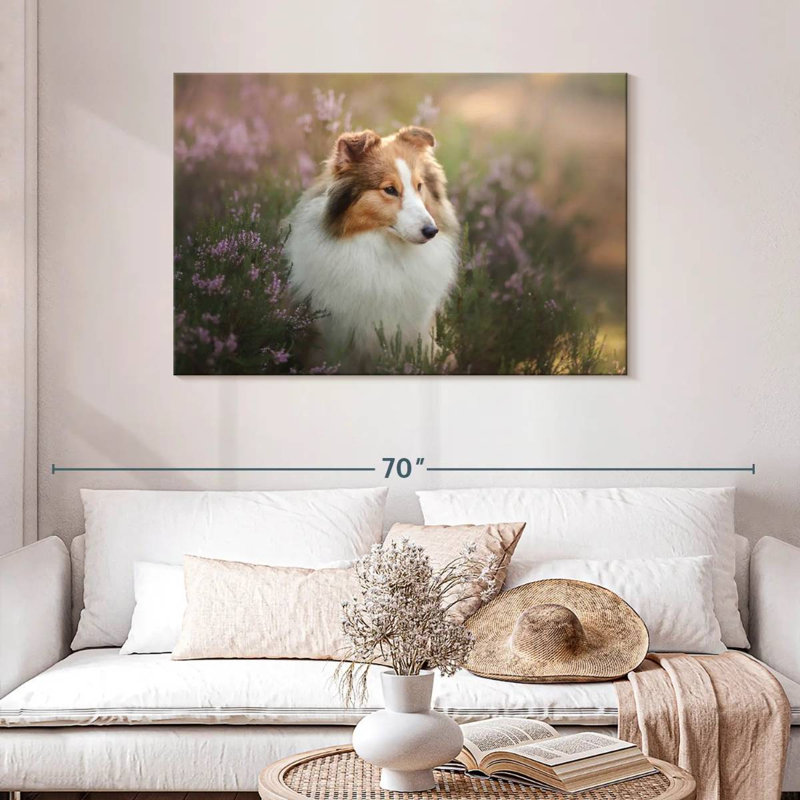 Sheltie et fleurs, H 30 po x l 45 po