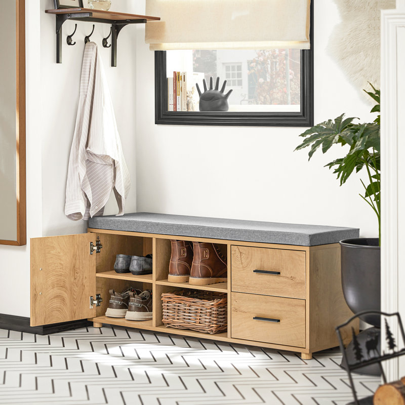 Banc de rangement pour hall d'entrée avec siège rembourré, tiroirs, portes et tablettes ouvertes, banc de rangement pour chaussures en bois naturel, l 43,3 po x P 13,8 po x H 17,7 po