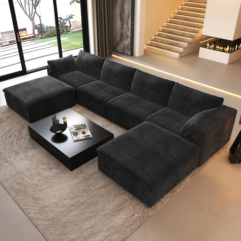 Boneless U-Shaped Modular Corner Sectional 5-Piece Plush Corduroy Sofa, Cloud Couch with 2 Ottoman,No Assembly Required Boneless Couch