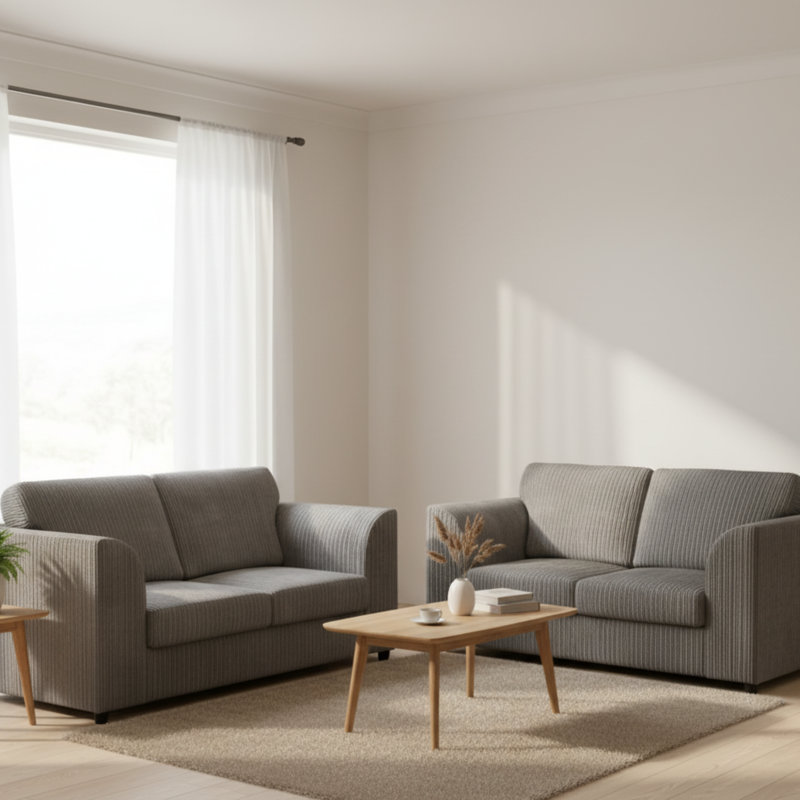 Jambo Cord 3 and 2 Seater High Back Cushion Sofa Set, Grey