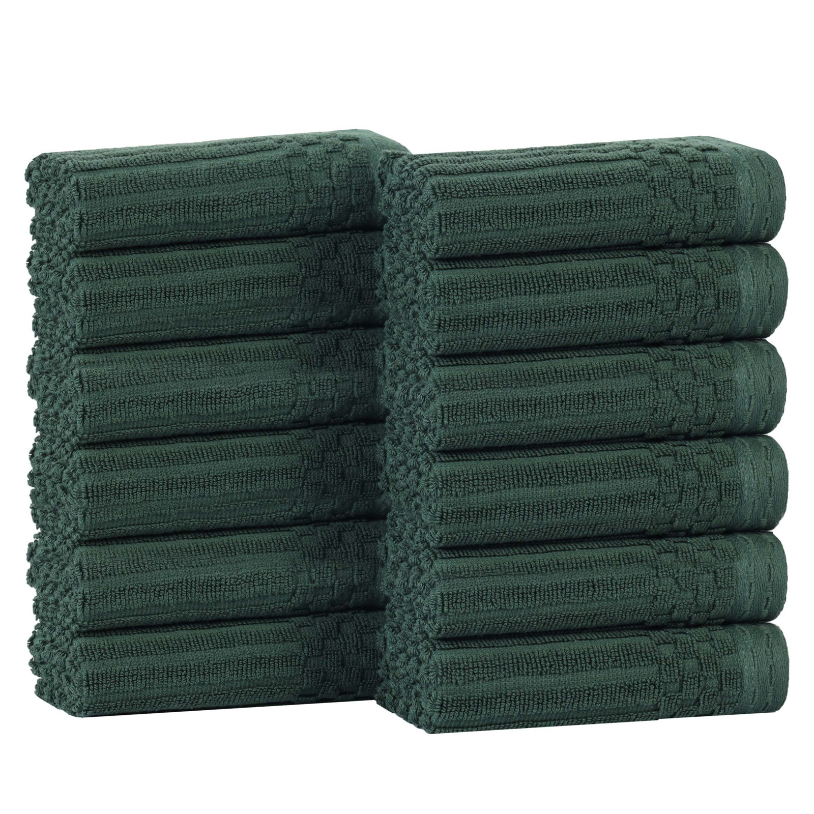 8-Piece Checkered Border Cotton Towel Set, Forest Green, Face Towel 12-Pack