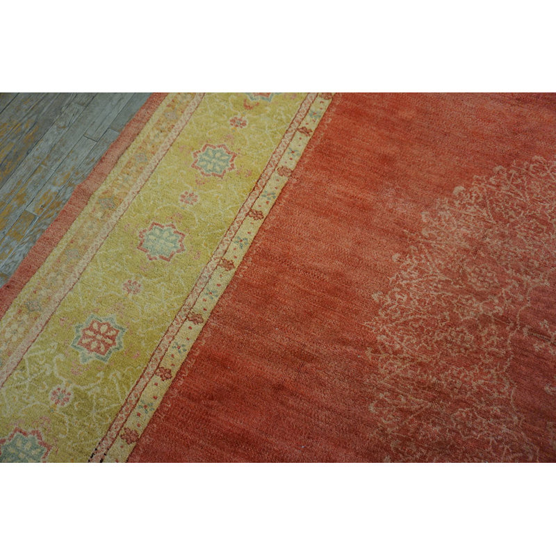 Decorative Coral Color Large Antique Turkish Oushak Floral Medallion Hand Knotted Pile Rug