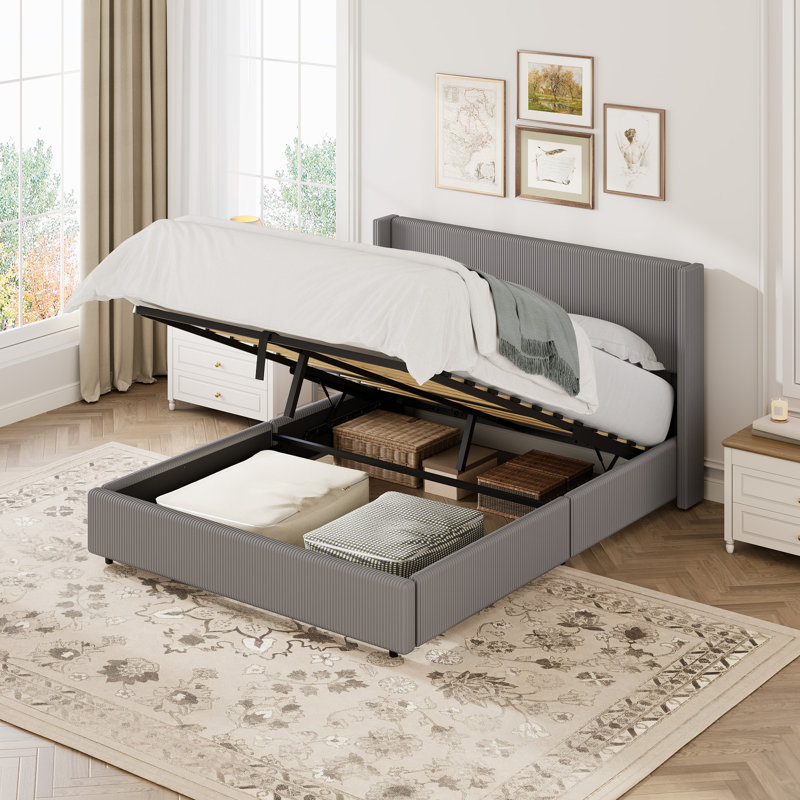Lit pleine grandeur avec rangement relevable, cadre de lit plateforme tapissier en velours côtelé moderne avec tête de lit à oreilles, rangement hydraulique, aucun sommier tapissier requis, gris