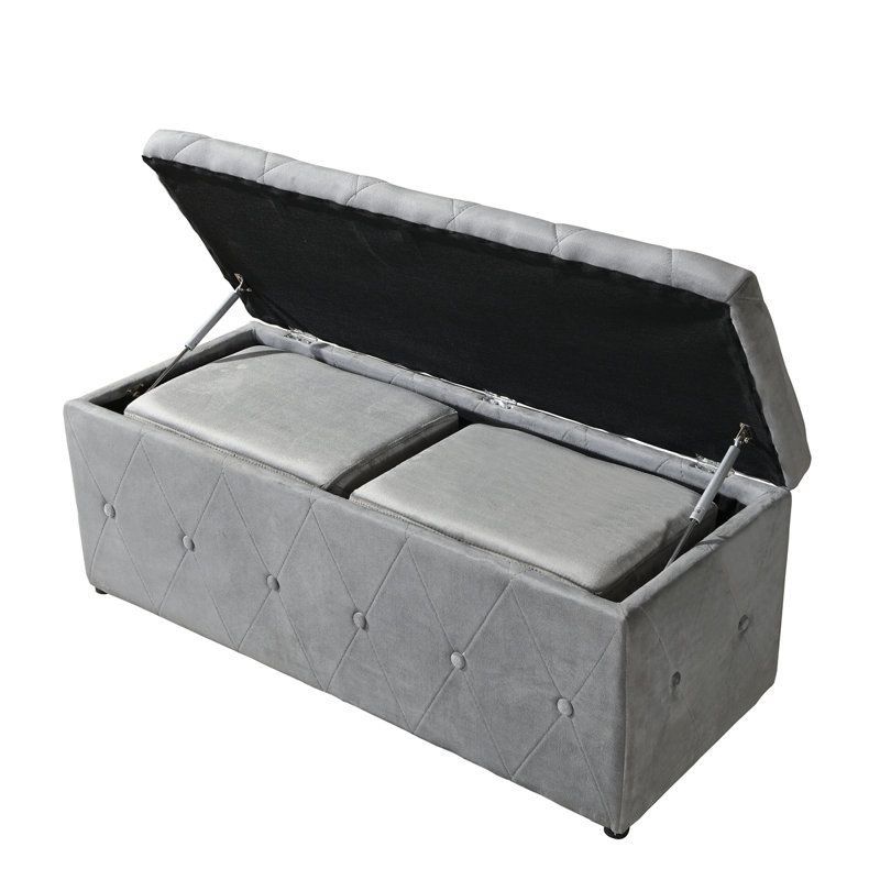 1 Piece Rectangular Storage Ottoman Short Velvet With 2 Set Ottomans (Light Gray), Light Gray Velvet
