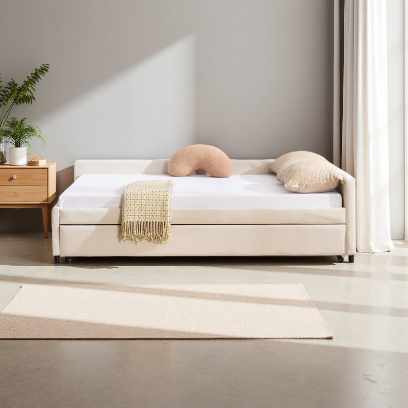 Lit de jour rembourré avec lit gigogne, structure de lit en bois robuste, conception de grille de diamant moderne, pour chambre à coucher, chambre d'amis