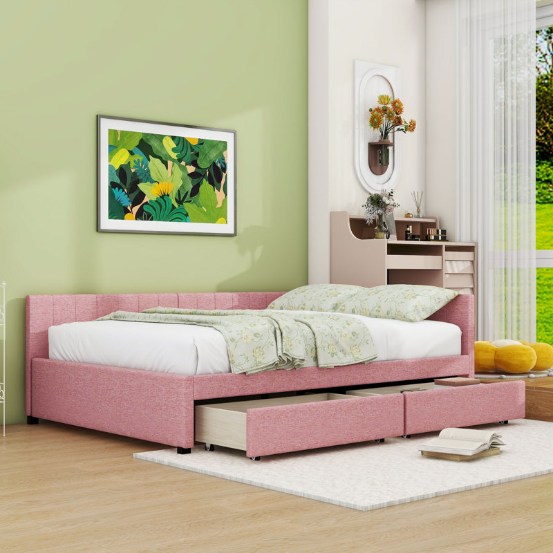 Modern Full Size Upholstered Daybed with Storage Drawers, Pink