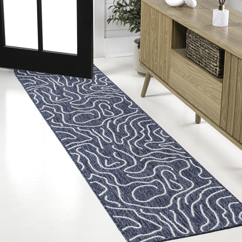 Tapis d'intérieur / extérieur bleu marine / crème Numra, Tapis de couloir 2 pi x 7 pi 10 po