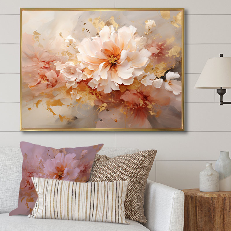 «Blossoming White Peony Flower - Flowers», reproduction sur toile, Cadre flottant doré, H 24 po x l 32 po x P 1 po
