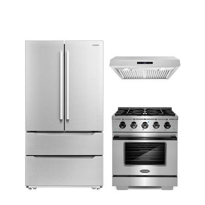 3 Piece Kitchen Package With 30"" Freestanding Gas Range With Custom Handle And Knob Kit 30"" Under Cabinet Range Hood 36"" French Door Refrigerator -  Cosmo, COS-4PKG-1016