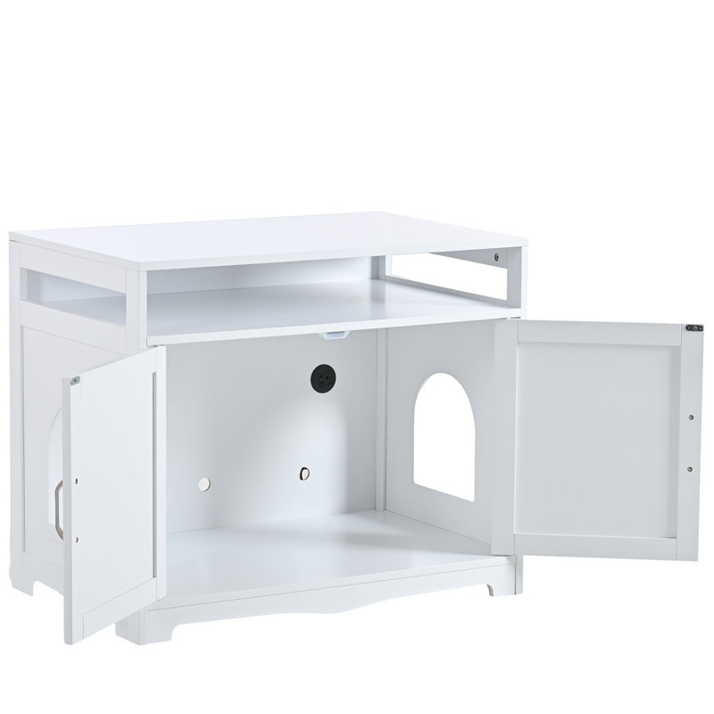 Enceinte de litière intérieure blanche pour chat avec tablette, 2 portes et prise, table d'appoint multifonctionnelle pour chat, l 31,5 po x P 20 po